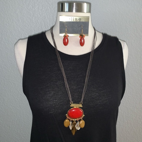 Fashion Statement Jewelry Set With Red & Brown Resin Stone By Elise NWT - Picture 1 of 7